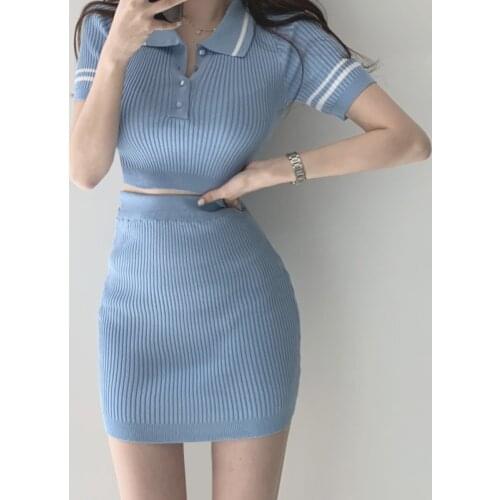Korean Knitted 2 Piece Set Women Crop Top Short Sleeve Sexy Pullover + Bodycon Mini Skirt Suits Fashion Casual Two Piece Outfits