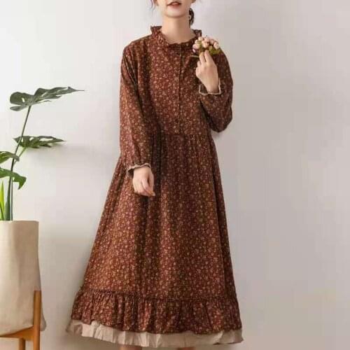 2021 New Autumn Women Dress Japan Style Literary Fresh Ruffle Stand Collar Floral Print Cotton linen Loose Long Sleeve Dress