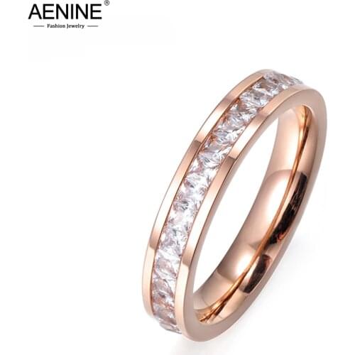 AENINE Mosaic Clear Cubic Zirconia Rose Gold Color Titanium Steel Wedding Rings For Women Anniversary Gift Anillos AR17052