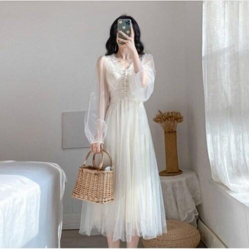 2021 New Early Spring Women Dress Elegant Slim Thin Solid Puff Sleeve V-Neck Ladies Lace Mesh A-Line Dresses Vestidos Y487