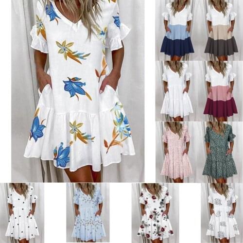 2021 Summer New Hot Sale Womens Dress Fashion Trend Loose Short Print Ruffled Pocket V-neck Pleated Casual Womens Dress