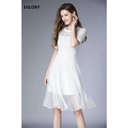 Top Quality Knitted Dress 2021 Summer Style Women Flower Embroidery Sexy Tulle Mesh Patchwork Short Sleeve Casual Sweater Dress