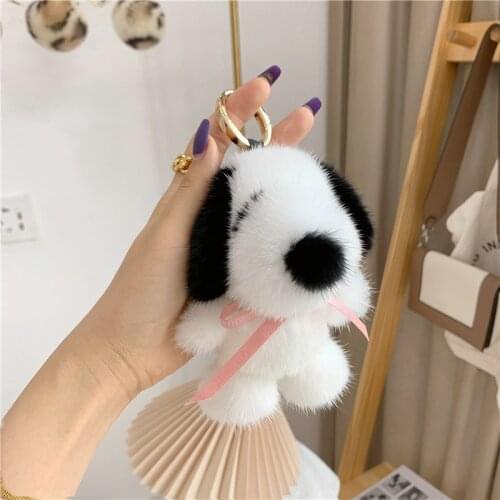13CM New Real Fur keychain Mink Dog Women Bag Pendant Cute Car Trinket Fur puppy Toy keyring Ring Keychain Ornaments Kids Gift