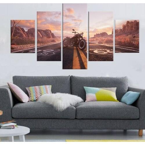 5 Piece HD Picture Road Numbers Route 66 Motorcycle Vehicle Poster Wall Sticker Landscape Wall Art Canvas Paintings
