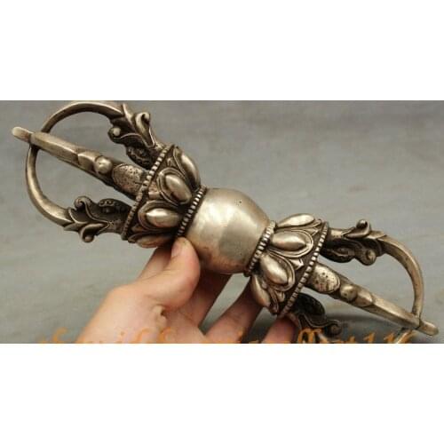 7 Tibet Buddhism Silver Dragon Head Brass Statue Vajra Phurpa Talismans FaQi