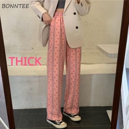 Pants Women Thicker Geometric Elastic Waist Straight Korean Style Chic Trendy Spring Autumn Slim Ulzzang Female Bottom Popular