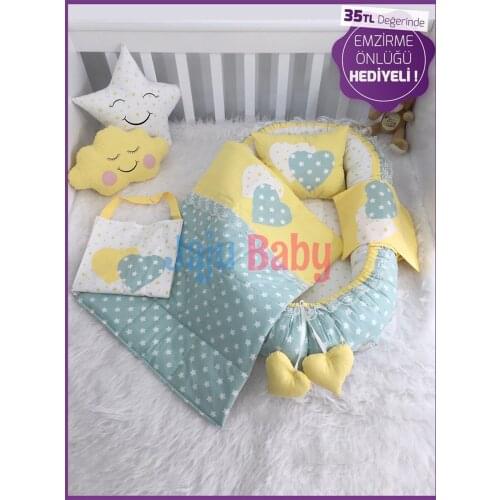 Jaju Baby Handmade, Green Star Orthopedic Lux Babynest Baby Bed Set, and Nursing Apron GIFT