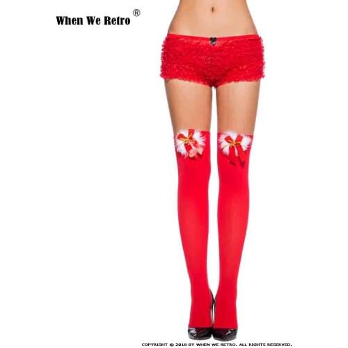 When We Retro Stockings For Christmas Fashion Nylon Red Bow Stocking Knee High Girls Sexy Thigh High Stocking Bells Top VS0011