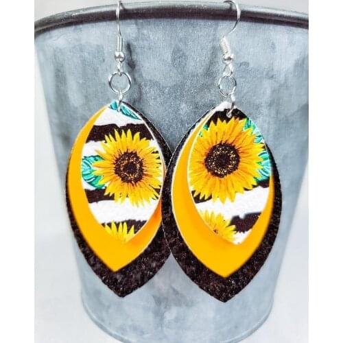 2021 Wholesale Hot Selling Leather Earrings Sunflower Three-layer Sequin Leaf Shape Earrings