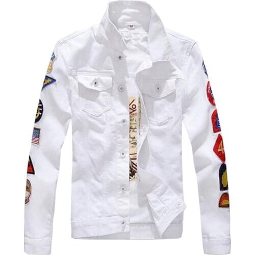 New Mens Male Fashion Casual patches design slim fit denim jacket White army green patchwork coat Outerwear for man 7701