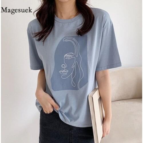 Summer Loose Woman T-shirt 2021 Round-neck Tshirt Short Sleeve Jumper Fashion White Tops Abstract Human Face Printed Tee 9947