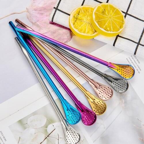 1PC Reusable Filter Steel Straw Spoon Creative Long Handle Stainless Steel Drinking Straw Filter Stir Spoon Tea Coffee Tableware