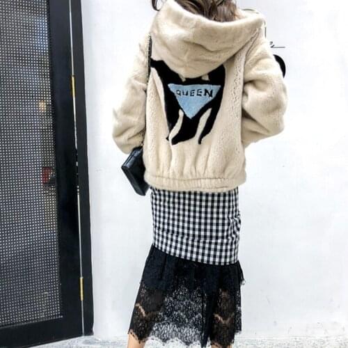 LVCHI 2019 Winter Imported purple velvet Mink Fur Coat Real Fur Coats WomenWith Fur Hood Cartoon Pattern Short Mink Fur Coats