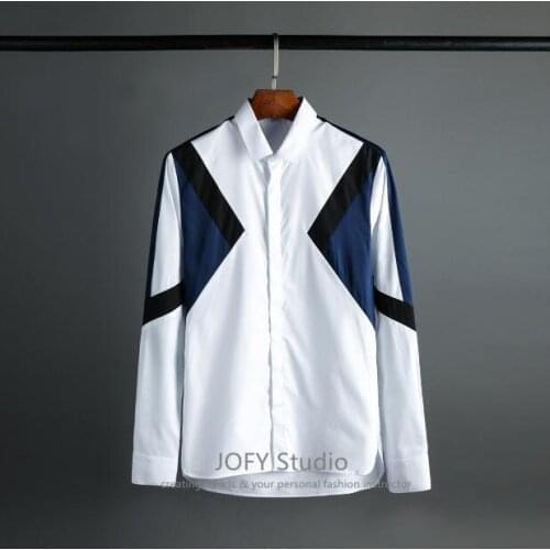 Mens shirt black and blue stitching cloth court luxury singer stage fashion shirt mens office business casual shirt