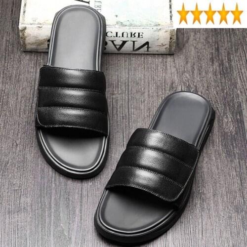 Men 2021 Summer New Fashion Outside Slides 100% Real Leather White Platform Sandals Designer Casual Beach Slippers