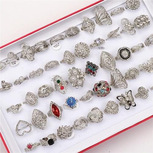 Wholesale 20pcs/Lots Vintage Hollow Flower Metal Silver Plated Rhinestone Jewelry Rings For Women Size 17mm to 19 mm Mix Style