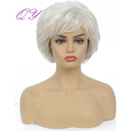 QY Natural Wig Curly Hair Products Short Blode Ombre White Color With Bang Beauty Hair Wig For Older Grandma Synthetic