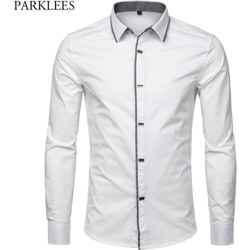 White Cotton Shirt Men Brand New Metal Snap Button Mens Dress Shirts Casual Button Down Chemise Homme Slim Fit Camisa Masculina