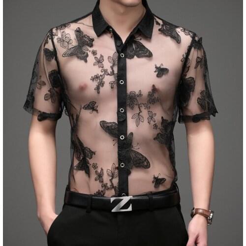 Butterfly Embroidery Print Sexy Transparent Shirt Men Shirt Club Designer Shirt Chemise Homme See Through Short Sleeve Shirt Men