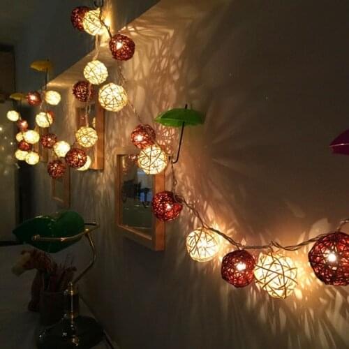 LED String Holiday Lights 20 Coffee White Rattan Ball Lights AC Plug Battery Operated LED Wedding Christmas Tree Lights Garlands