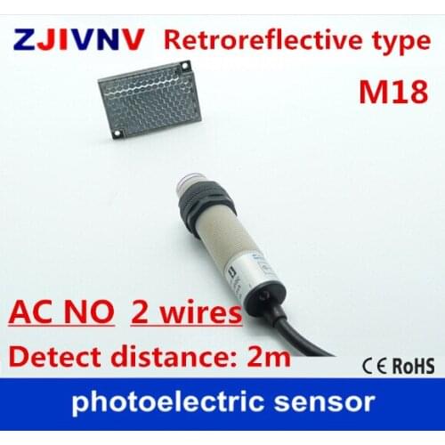 High quality M18 Retroreflective type AC90-250V NO 2 wires photoelectric sensor switch mirror reflective, distance 2m, photocell