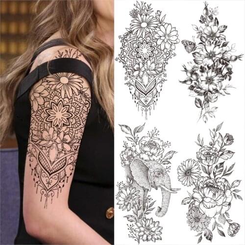 Marigold Pendant Temporary Tattoo For Women Men Butterfly Elephant Flower Fake Tattoo Waterproof Half Sleeve Thigh Tatoo Sticker