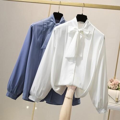Solid Color White Blue Bow Cute Sweet Chiffon ShirtPlus Large Size Clothes 2021 Oversize Spring Autumn Feminina WomenS Top