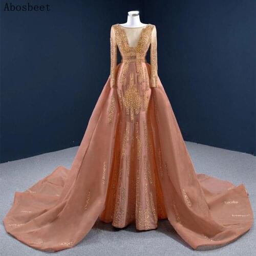 Gold Beading Vintage Mermaid Evening Dress Long Sleeve Muslim Prom Party Gown Long Train Shining Elegant Evening Gown