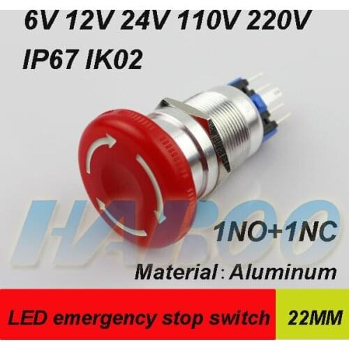 1PCS packing HABOO emergency stop switch with led mushroom head led lighting switch 6v 12v 24v 110v 220v shiiping free