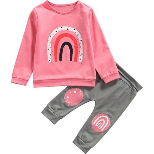 Toddler Kid Girls 2Pcs Spring Fall Outfits Set Casual Long Sleeve Rainbow Print Pullover and Pants Outfits Set 1-4Years