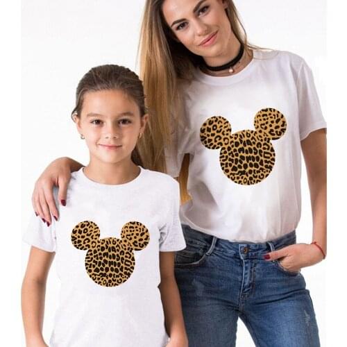 Leopard Mickey Mouse Head Print White T-Shirt Summer Girl Casual Funny Family Matching Clothes Harajuku Kids Top Tee,Drop Ship