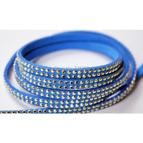 Free Ship 100 Meterse Gold Rivet 5mm*1.5mm Royal Blue Flat Faux Suede Leather Cord With Two Lines Gold Studs