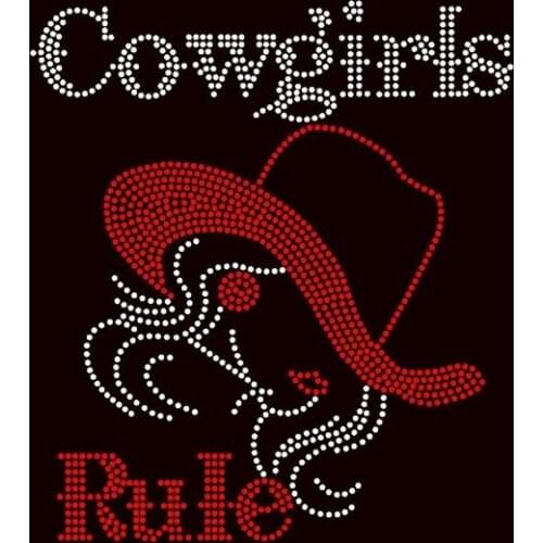 Free Shipping Cowgirls Rule Girl with Hat Rhinestone Transfe