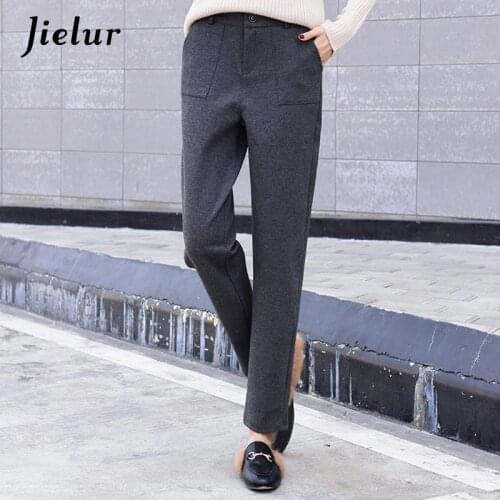 Jielur Autumn Winter Leisure Warm Woolen Pants Female Korean Fashion Solid Color Gray Black Harem Pants Casual Pockets Capri 2XL
