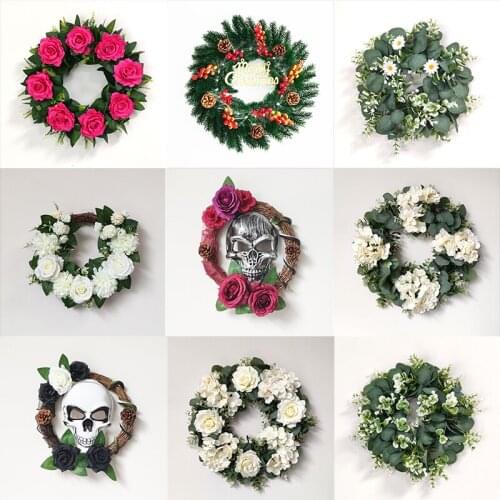 Artificial White Flower Wreath Green Eucalyptus Garland Wedding Decoration Dark Rose Skull Wreath Halloween Home Decoration