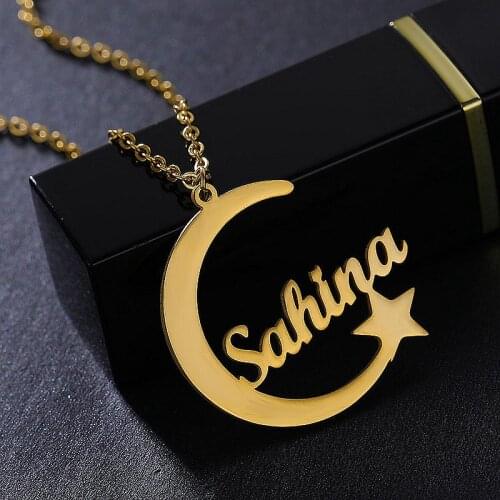 Custom Engrave Name Letters Necklace Moon Jewelry Customize Nameplate Font Personalized Gift Stainless Steel Jewelry For Women