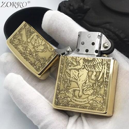 Zorro Kerosene Lighter Pure Copper Carving Classic Strong Will Pattern Gasoline Lighter Business Gift Outside Tool