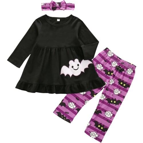 Halloween Baby Girls 3 Piece Suit Cartoon Bat Long Sleeve Smock Top + Printed Long Pants and Headband Outfits 1-5 Years