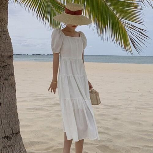 Fashion Summer New Casual Beach Midi Dress Ladies Elegant Square Collar Retro Puff Sleeve French Romantic Sweet Vacation Dress