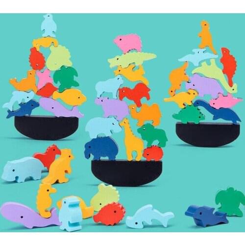 Montessori Balance Building Blocks Toy Animal Dinosaur Stacking Building Blocks Balance Game Wooden Toy Children Educational Toy