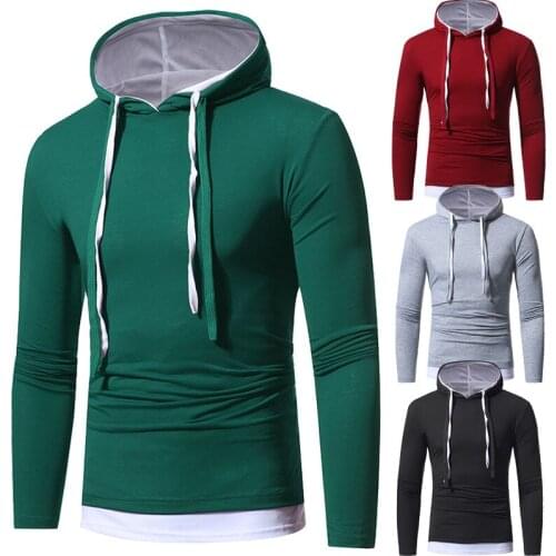 Mens Hooded T-Shirt Long Sleeve Solid Color Pullover T-Shirt with Drawstring Casual Fake 2-In-1 Slim Patchwork Tops