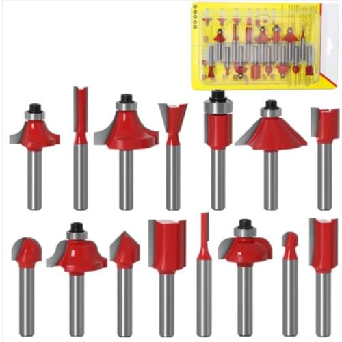 15 piece set of 1 / 4 handle woodworking milling cutter set yellow wood carving electromechanical wood milling / trimming machin