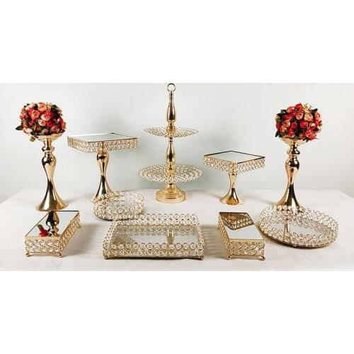 5pcs -11pcs Gold Cake Stand Set Round Crystal Gold Plated Holder Cheese Dessert Cupcake Cake Table Stand with Mir