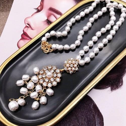 Irregular Pearl Necklace Baroque Style Rhinestone Pendant Long Collier Jewelry Femmes