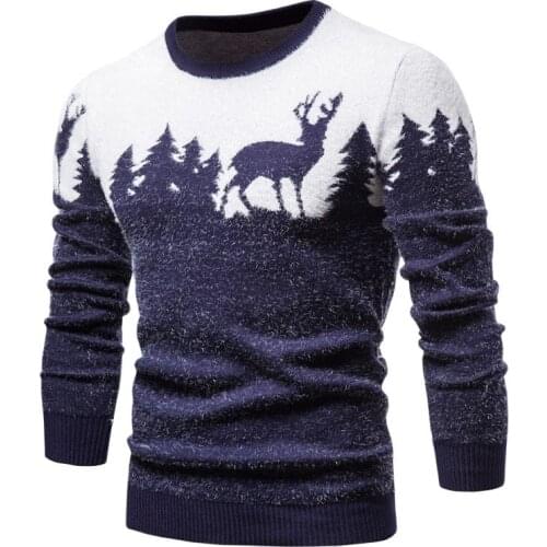 New Winter Men Christmas Tree Deer Print Mens Sweaters Casual O-neck Male Pullovers Slim Sweaters Pull Men
