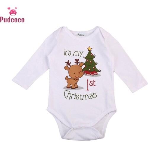 Pudcoco Christmas Baby Romper Newborn Infant Baby Boys Girls Cartoon Deer My 1st Christmas Long Sleeves Romper Baby Clothing