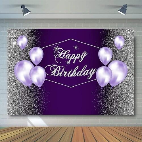 Silver And Purple Backdrop Glitter Dots Balloons For Woman Happy Birthday Party Banner Decorations Photography Background