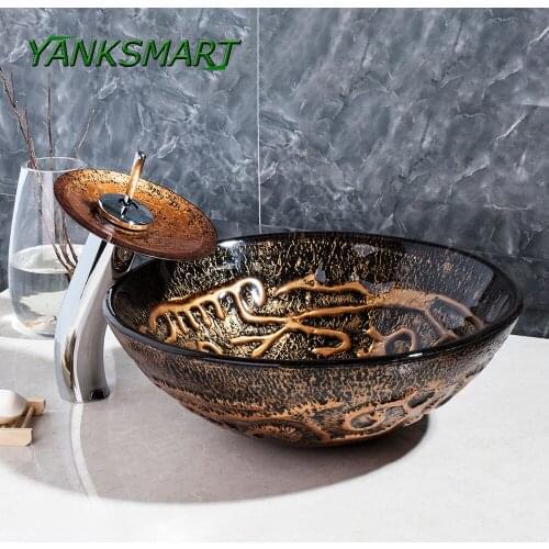 YANKSMART Bathroom Basin Faucets Round Washroom Vessel Vanity Sink Bathroom Mixer Tempered Glass Washbasin Faucet Set w/ Drain