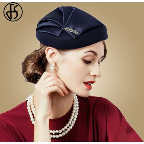 FS Elegant Wool Pillbox Hat Fascinators Fedora Hat Black Church Hats Women Navy Blue Wedding Ladies Felt Leaf Berets Caps Chapea