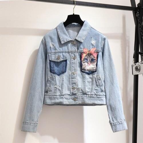Spring women fashion loose single breasted cat pattern embroidery ripped jean outerwear lady short design denim casual jacket